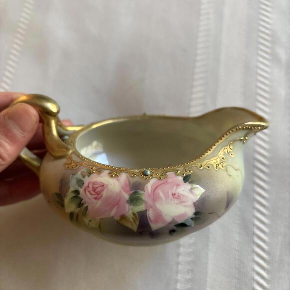 Antique Bavaria Hand Painted Roses Creamer Heavy Gold Trim Porcelain Pitcher - Picture 8 of 9